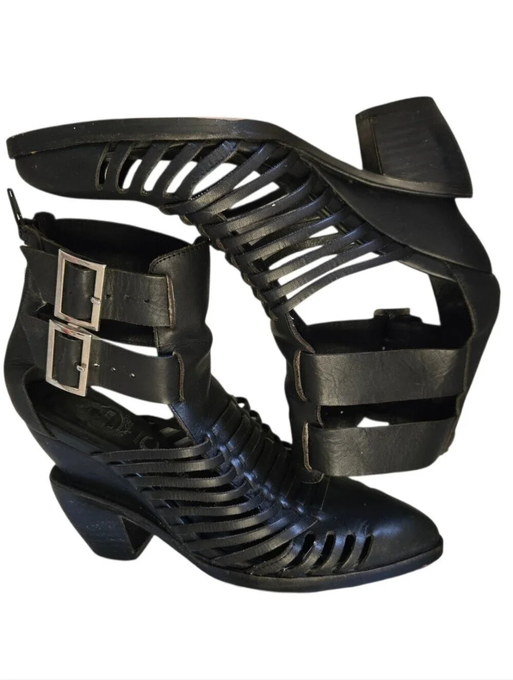 Jeffrey Campbell Cantu-Low Black Leather Cage Heel Booties Size 8.5 🔥